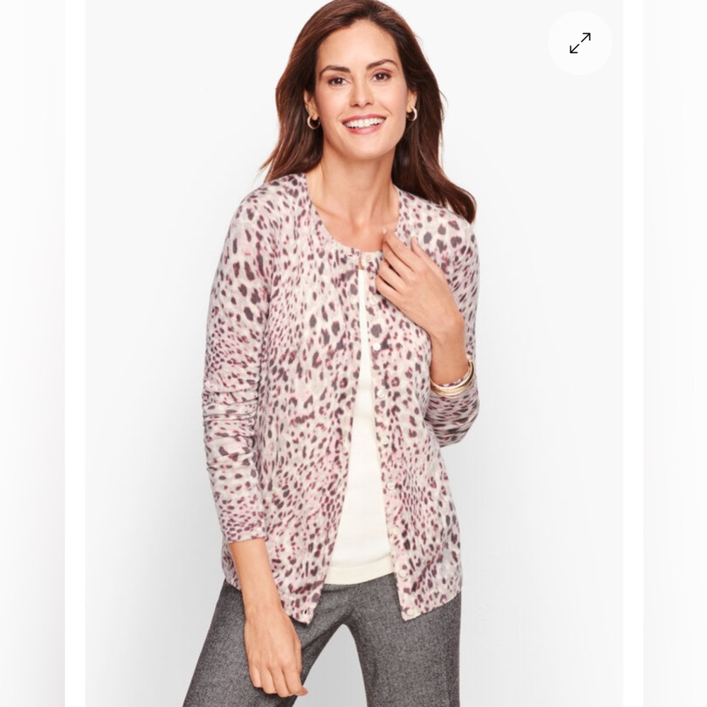 Talbots Charming Cardigan Animal Print Pure Merino Wool Size Large Petite
